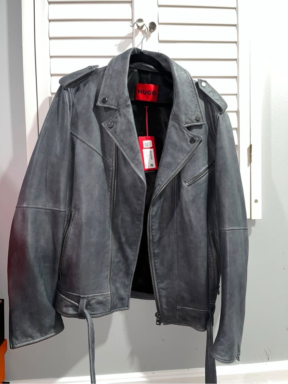 HUGO Gray Suede-Effect Biker Jacket